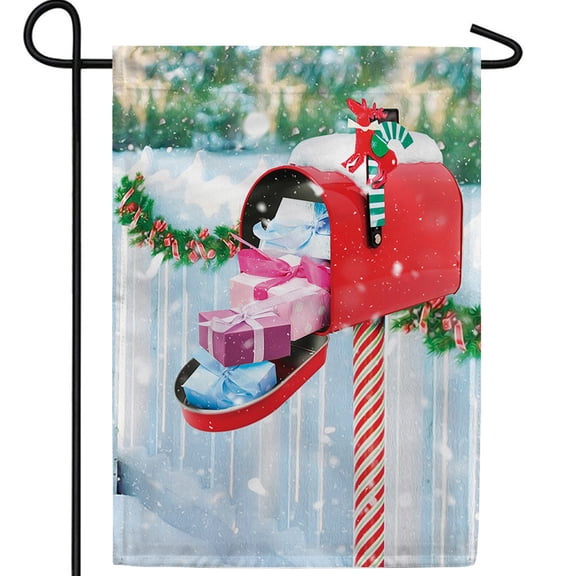 America Forever Christmas Gifts Delivery Garden Flag, 12.5 x 18 inch Double Sided, Christmas Mailbox Filled Gifts Snowy, Red Festive Holiday Banner, Outdoor Seasonal Decoration Winter Scene