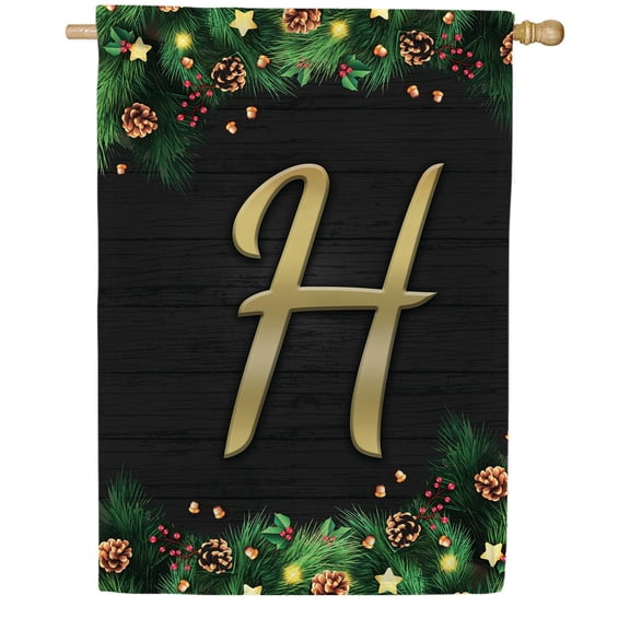 America Forever Christmas Monogram House Flag Letter H 28 x 40 inches Double Sided, Shiled , Pinecones Xmas Seasonal Outdoor Decor, Holiday Outside Yard Decorations