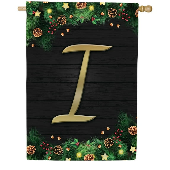America Forever Christmas Monogram House Flag Letter I 28 x 40 inches Double Sided, Shiled , Pinecones Xmas Seasonal Outdoor Decor, Holiday Outside Yard Decorations