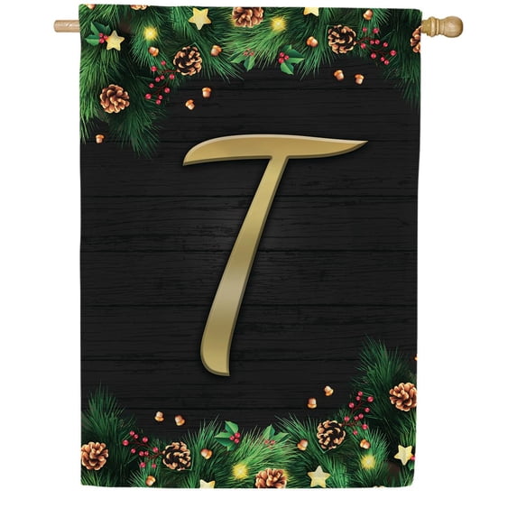 America Forever Christmas Monogram House Flag Letter T 28 x 40 inches Double Sided, Shiled , Pinecones Xmas Seasonal Outdoor Decor, Holiday Outside Yard Decorations