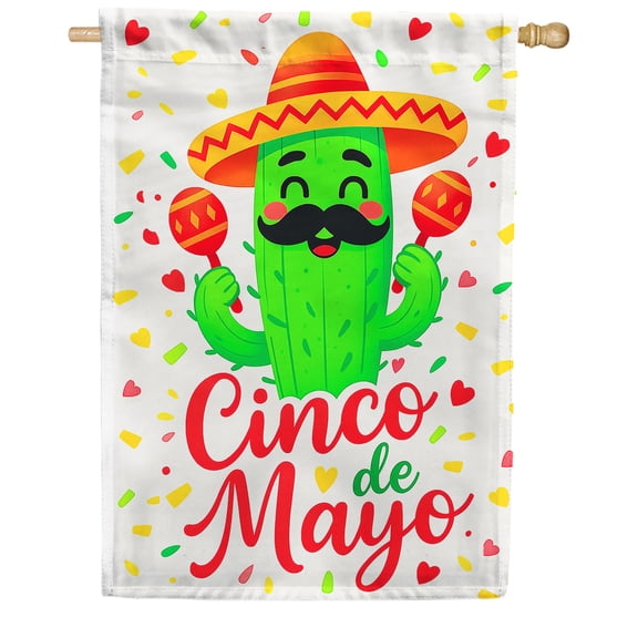 America Forever Cinco de Mayo Cactus House Flag, 28 x 40 inch Double Sided, Mexican Fiesta Banner, Sombrero Maraca Celebration Outdoor Yard Decorations