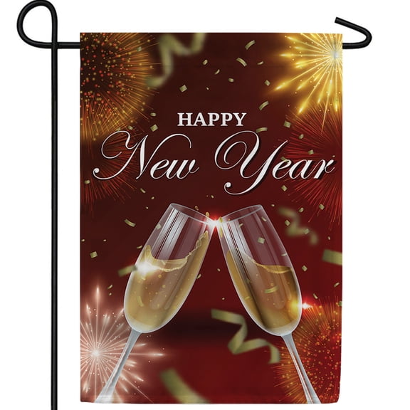 America Forever Clink Happy New Year Double Sided Garden Flag, 12.5 x 18 inch, Champagne Glasses Banner, Gold Confetti Red Outdoor Decor, Ultimate Celebration Yard Flag