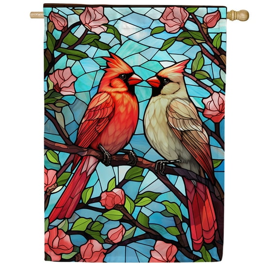 America Forever Colored Glass Cardinals House Flag, 28 x 40 inch Double Sided, Stained Glass Cardinal Pair Rose, Bird Couple Love Outdoor Decorative Flag