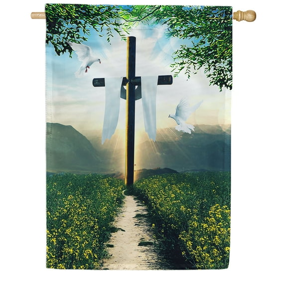 America Forever Cross Easter Day House Flag 28 x 40 inch Double Sided He is Risen Flowers Farmhouse Doves Small Spring Holiday Easter Day Flags for Outdoor Yard Lawn Decoration