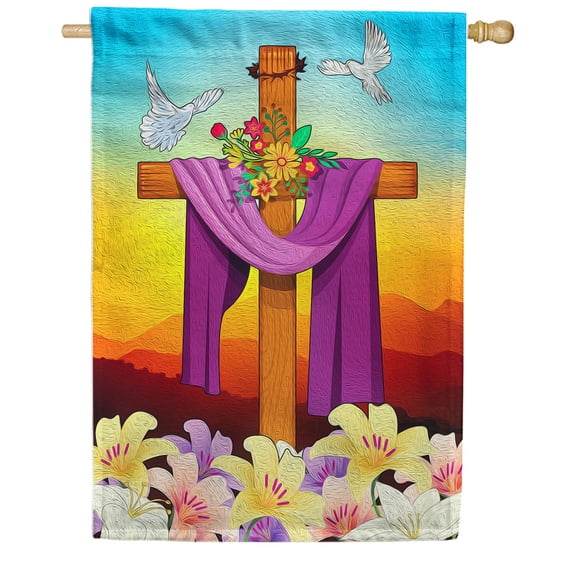 America Forever Cross Easter House Flag 28 x 40 inch Double Sided He is Risen Religious Lilies Flower Doves Spring Holiday Seasonal Easter Day Flags for Outdoor Yard Lawn Decoration