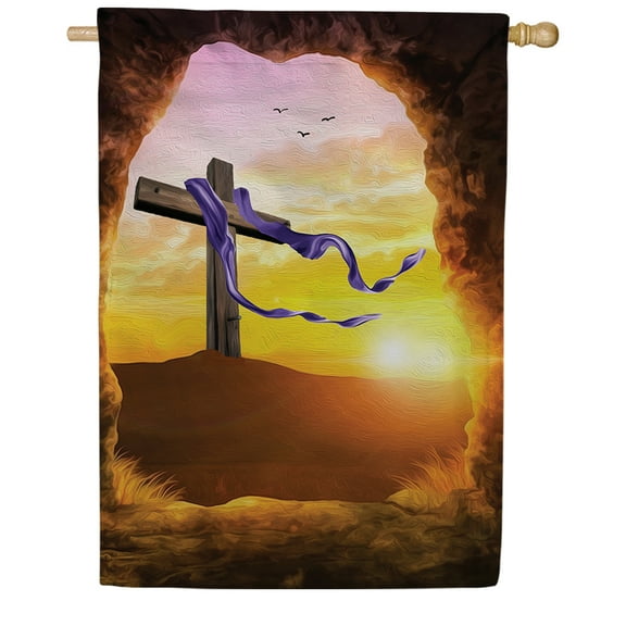 America Forever The Empty Tomb House Flag, 28 x 40 inch Double Sided, Religious Banner, Easter Cross Sunset Cave View Outdoor Decor, Christian Yard Flag
