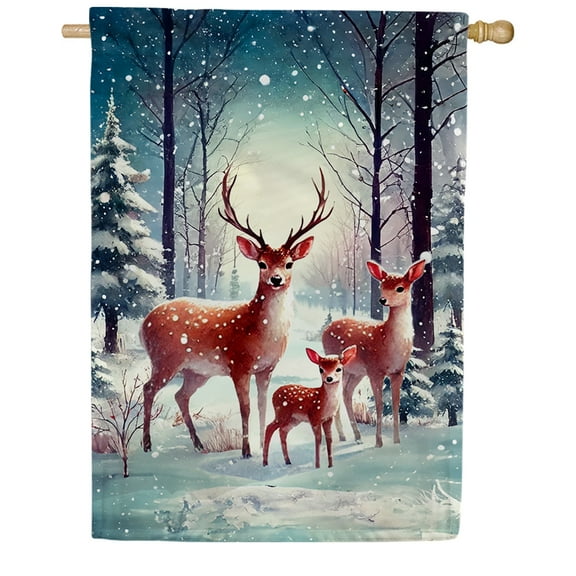 America Forever Deer Family Forest House Flag, 28 x 40 inch Double Sided, Winter Moonlight Wildlife Banner, Buck Doe Snow Scene Outdoor Decor, Holiday Outside Decorations Yard Flag