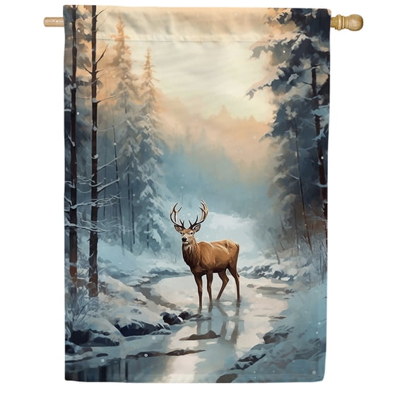 America Forever Deer Winter Creek Snowy Forest Double Sided House Flag, 28 x 40 inch Wildlife Woodland Banner, Seasonal Outdoor Decor, Holiday Outside Decorations Yard