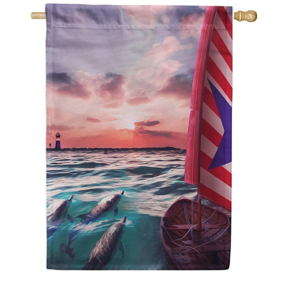 America Forever Dolphin Sunset House Flag 28 x 40 inches Tropical Summer Diving Dolphin Trio Patriotic Boat Nautical Double Sided Seasonal Yard Outdoor Decorative Ocean Sea Animal Flag
