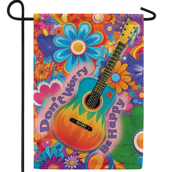 America Forever Don't Worry Be Happy Garden Flag 12.5 x 18 inch Double Sided Guitar Music Flowers Hippie Positive Message Outdoor Yard Flag