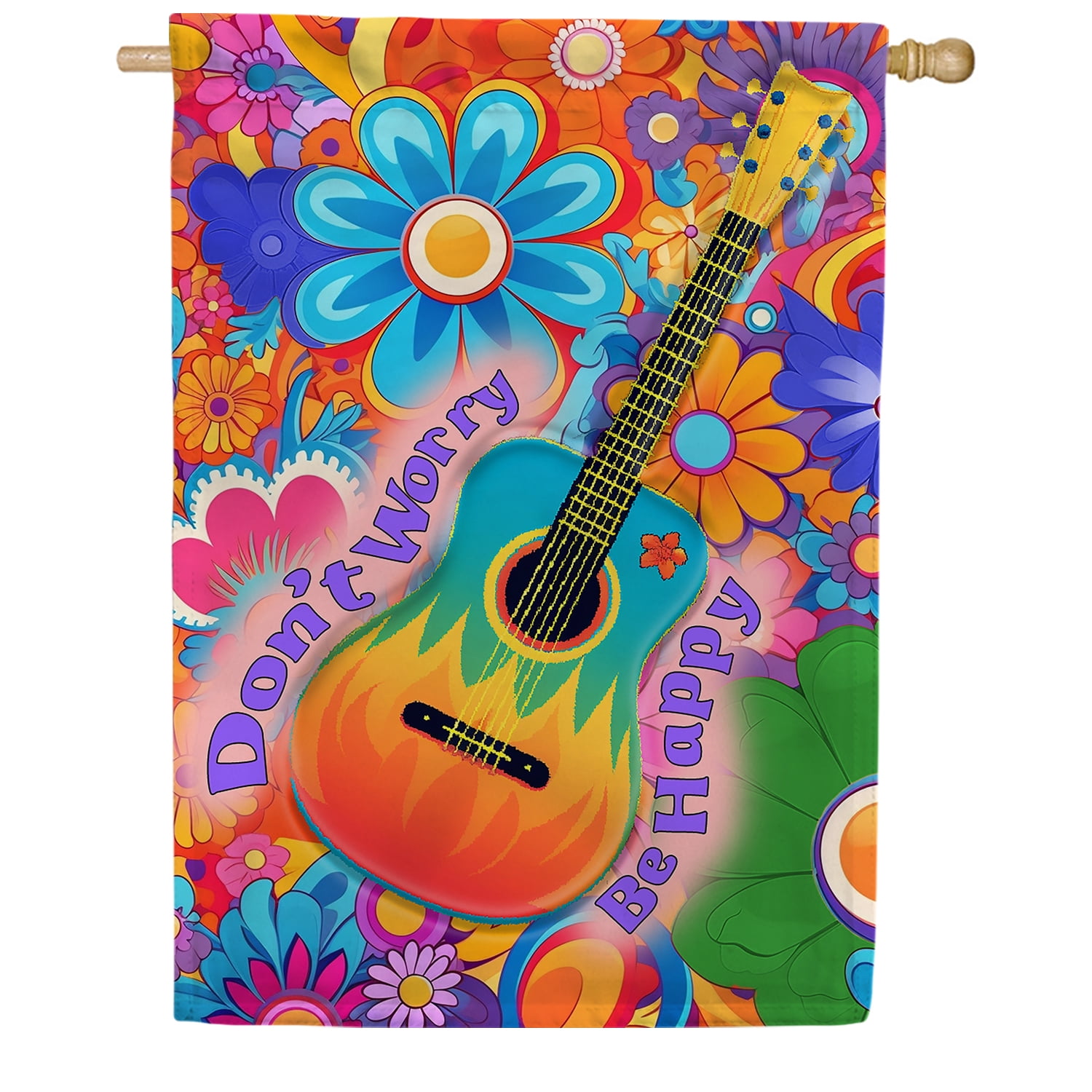 America Forever Don't Worry Be Happy House Flag 28 x 40 inch Double Sided Guitar Music Flowers Hippie Positive Message Outdoor Yard Flag