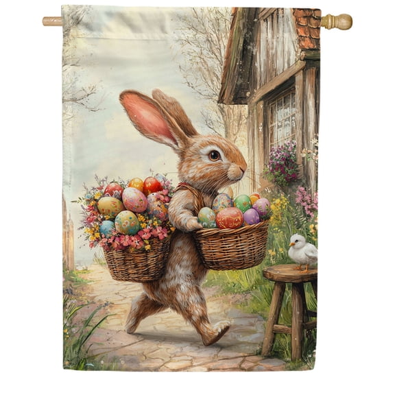 America Forever Easter Bunny Egg Basket House Flag, 28 x 40 inch Double Sided, Rabbit Eggs Chick, Spring Country Farmhouse, Traditional Flag