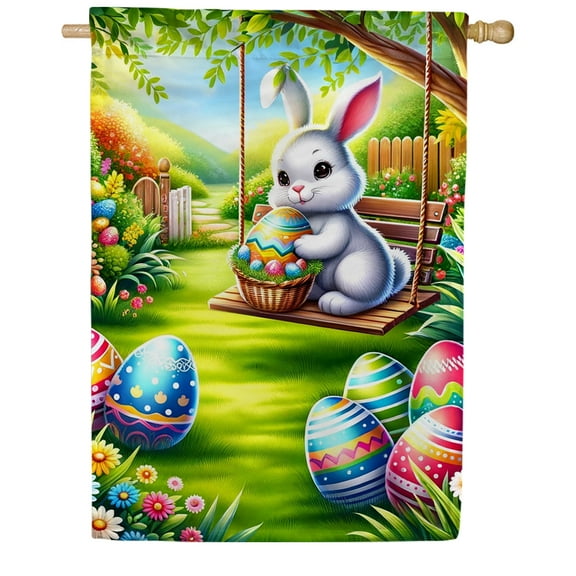 America Forever Easter Bunny House Flag 28 x 40 inch Double Sided Rabbit Egg Hunt Swing Cute Hare Farmland Small Spring Holiday Seasonal Easter Day Flags for Outdoor Yard Lawn Decoration