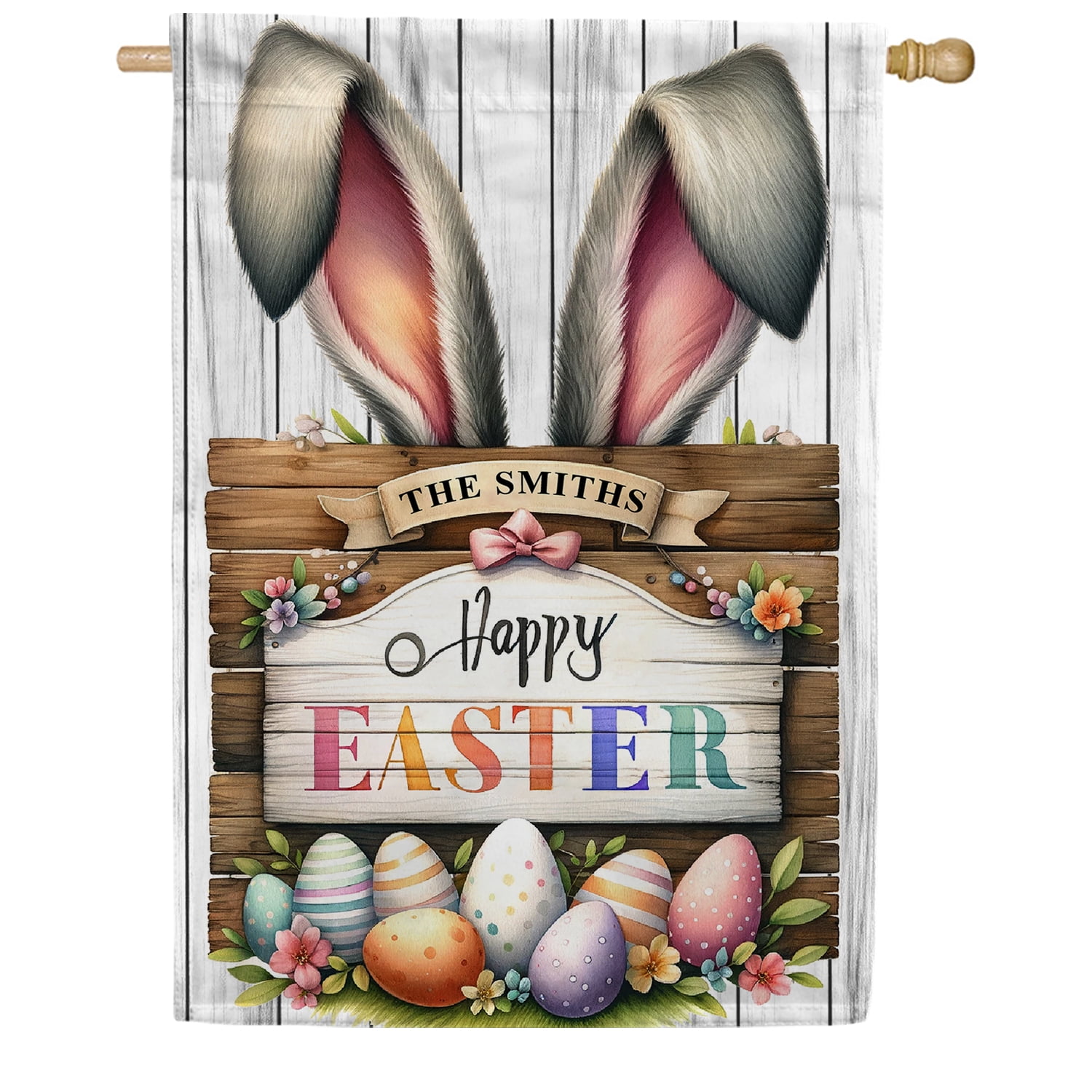America Forever Easter Bunny House Flag Double Sided, 28 x 40 inch Happy Easter Bunny Ears Flag, Personalized Family Name Easter Eggs, Farmhouse Easter Yard Flag