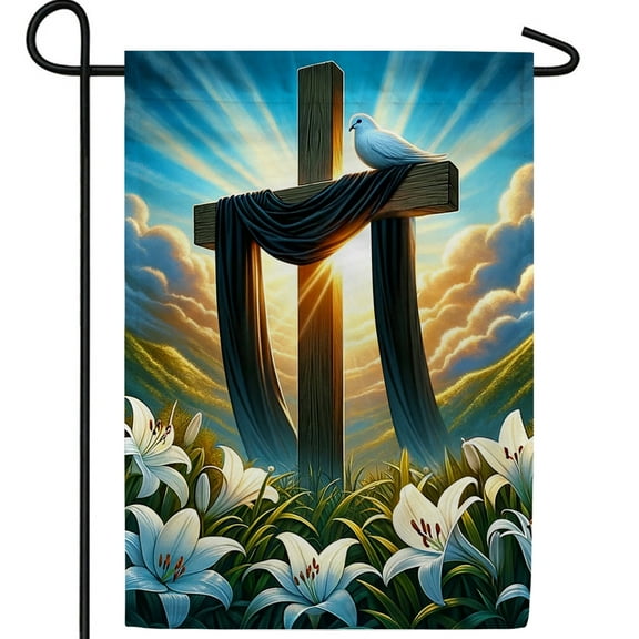 America Forever Easter Cross Garden Flag, 12.5 x 18 inch Double Sided, Christian He is Risen, Lilies and Cross Easter Religious Holiday Seasonal Spring Floral Yard Outdoor Decorative Flag