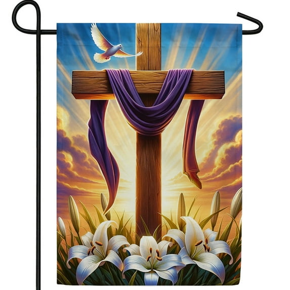 America Forever Easter Cross Garden Flag, 12.5 x 18 inch Double Sided, Christian He is Risen, Lily and Cross Easter Religious, Spring Floral Yard Outdoor Decorative Flag