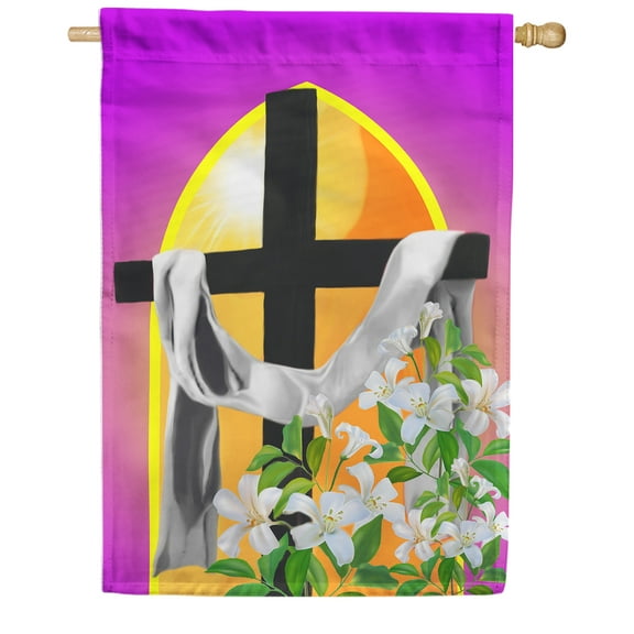 America Forever Easter Cross House Flag 28 x 40 inch Double Sided Religion Floral Lilies Small Spring Holiday Seasonal Easter Day Flags for Outdoor Yard Lawn Decoration