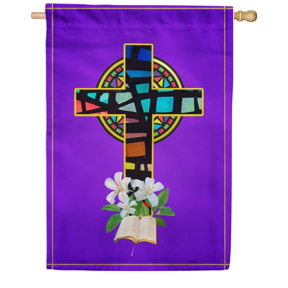 America Forever Easter Cross House Flag 28 x 40 inch Double Sided He is Risen Cross Lilies Bible Glass Style Small Purple Spring Holiday Seasonal Easter Day Flags for Outdoor Yard Lawn Decoration