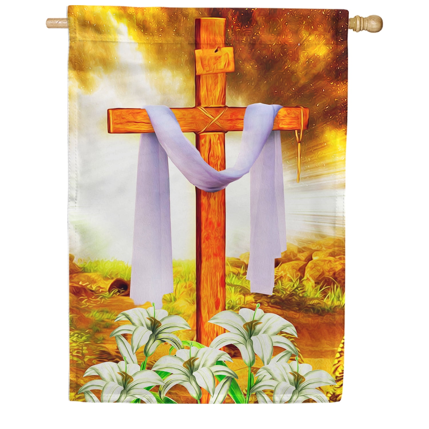 America Forever Easter Cross House Flag 28 x 40 inch Double Sided He is Risen Religious Lilies Floral Flower Farmhouse Small Spring Holiday Seasonal Easter Day Flags for Outdoor Yard Lawn Decoration