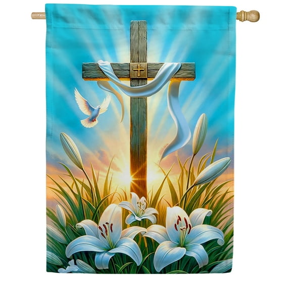 America Forever Easter Cross House Flag , 28x40 inch Double Sided, He is Risen, Lilies and Cross Easter Christian Religious Holiday Seasonal Spring Floral Yard Outdoor Outside Decor