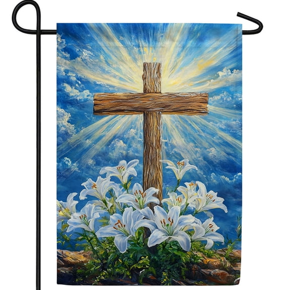 America Forever Easter Cross with Lilies Garden Flag, 12.5 x 18 inch Double Sided, Religious Easter Banner, White Lilies Cross, Resurrection Celebration Flag