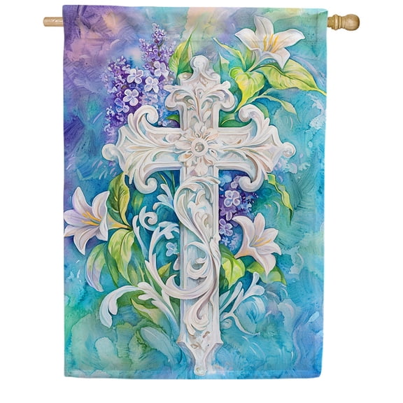 America Forever Easter Cross Lily House Flag, 28 x 40 inch Double Sided, Ornate Cross Easter Lily Lilac, Religious Easter Spring Flower, Sacred Cross Flag