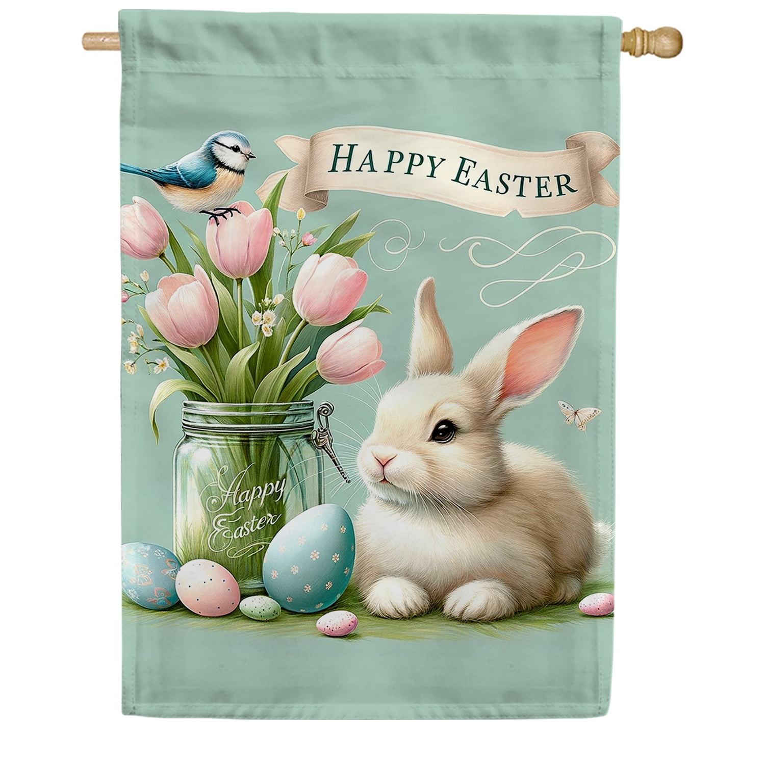 America Forever Easter Floral Mason Jar House Flag, 28” x 40” Double Sided, Bluebird Spring Summer Floral Easter Day Welcome Flag for Outdoor Yard Farmhouse Home Decoration