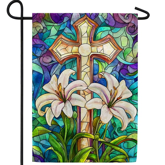 America Forever Easter Lily Cross Garden Flag, 12.5 x 18 inch Double Sided, Religious Stained Glass White Lily Spring Easter Seasonal Outdoor Decorations Yard Flag