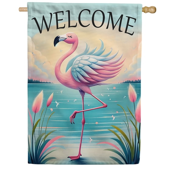 America Forever Elegant Flamingo Welcome House Flag, 28 x 40 inch Double Sided, Welcome Flamingo Pink Bird Tropical Water Lake Elegant Marsh Cattails Outdoor Yard Decor