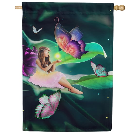America Forever Enchanting Fairy House Flag - 28 x 40 Inch - Magical Fantasy Fairy Tales Butterflies Spring Summer Seasonal Yard Outdoor Decorative Double Sided Flag