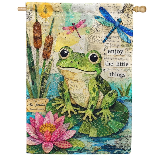 America Forever Enjoy The Little Things Frog House Flag, 28 x 40 Inch Double Sided, Cute Frog Lily Pad Dragonfly Pond, Summer Spring Inspirational Outdoor Yard Decor