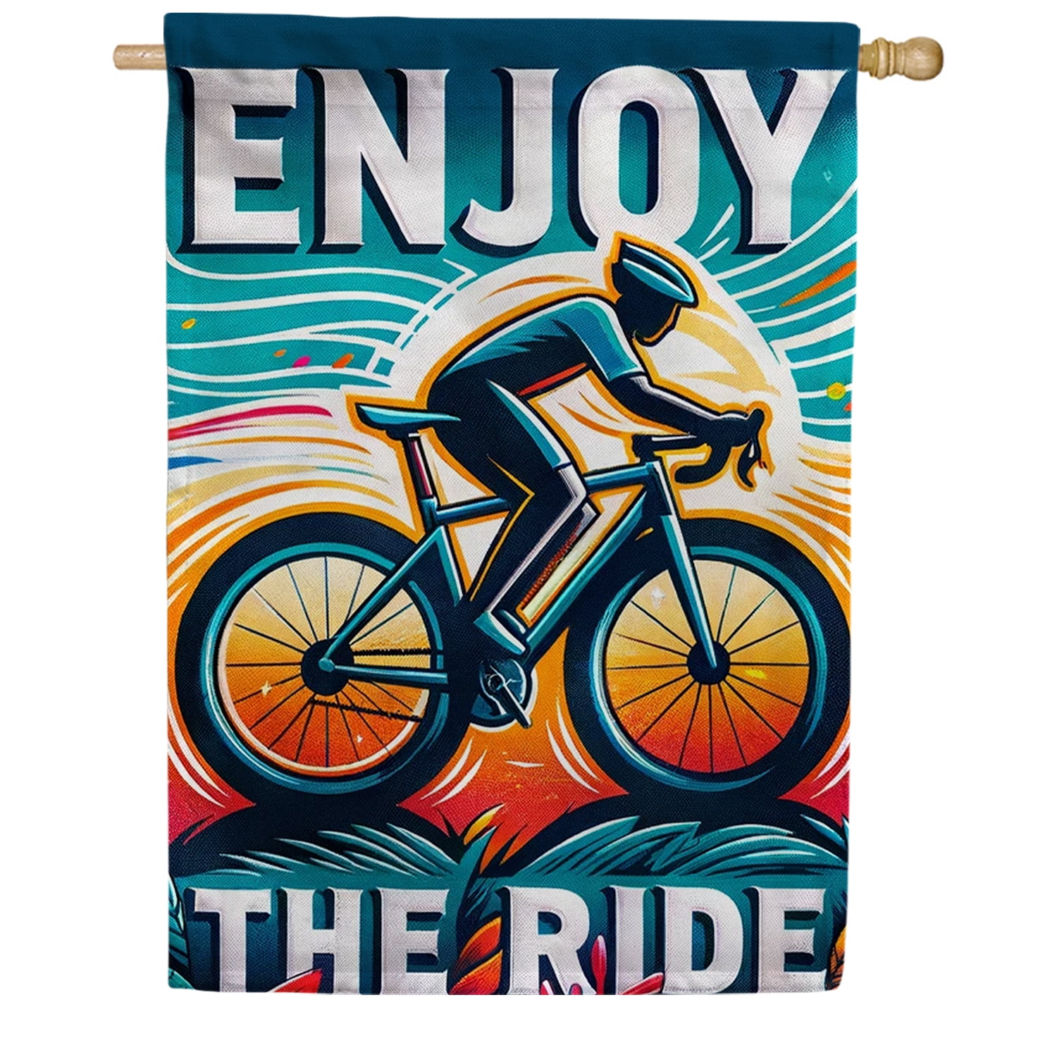 America Forever Enjoy the Ride Cyclist House Flag, 28 x 40 inch Double Sided, Retro Bike Banner, Cycling Inspiration Decor, Vintage Sports Flag