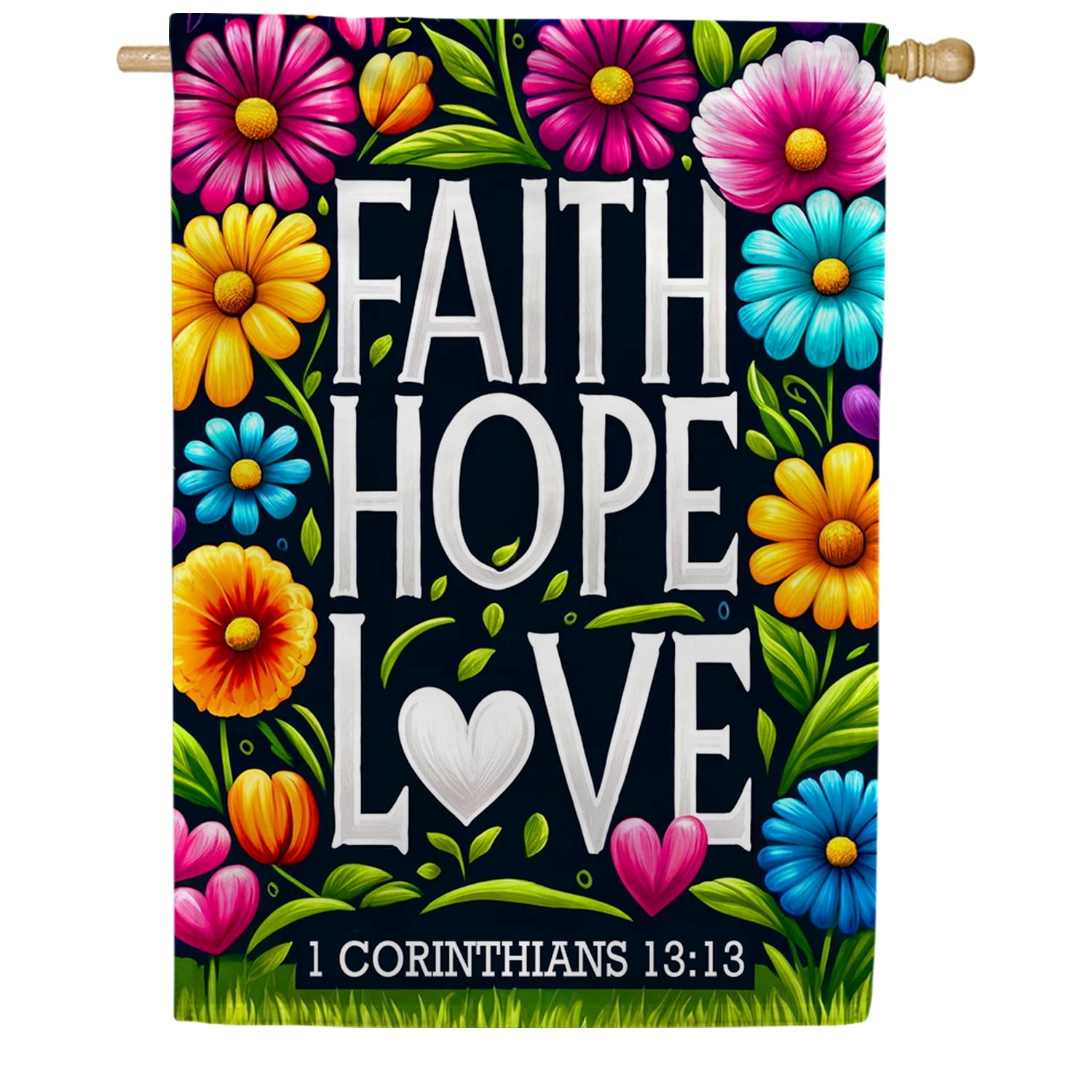 America Forever Faith Hope Love House Flag, 28 x 40 inch Double Sided, 1 Corinthians 13:13 Scripture Floral Christian Religious Inspirational Outdoor Decor