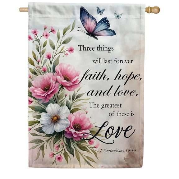 America Forever Faith Hope Love House Flag, 28 x 40 inch Double Sided, Butterfly Scripture Banner, Religious Flower Decor, Inspirational Bible Flag