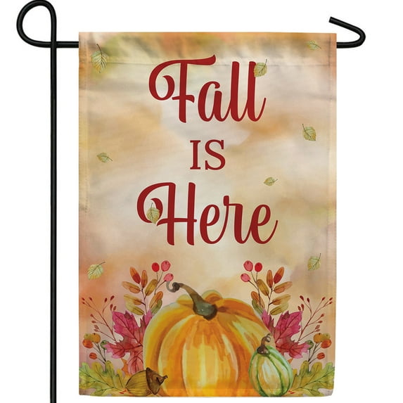 America Forever Fall is Here Garden Flag, 12.5 x 18 inches Double Sided, Autumn Pumpkin Garden Flag, Pumpkins Harvest, Fall Foliage, Fall Leaves Outdoor Seasonal Flags for Yard, Lawn, Garden Decor