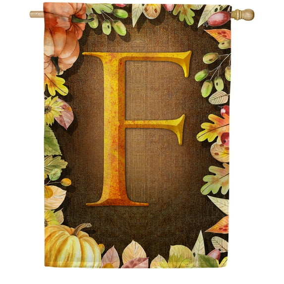 America Forever Fall Monogram House Flag Letter F 28 x 40 inches Double Sided, Pumpkin Autumn Leaves Harvest Seasonal Outdoor Decor, Holiday Outside Yard Decorations