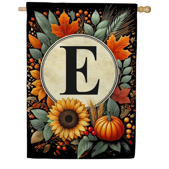 America Forever Fall Monogram Letter E Garden Flag, 12.5 x 18 inch Double Sided, Autumn Sunflower Pumpkin Maple Leaves Harvest Initial Outdoor Decor