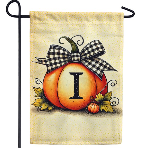 America Forever Fall Pumpkin Monogram Letter I Garden Flag 12.5 x 18 Inch Double Sided, Autumn Harvest Buffalo Plaid Bow Initial Personalized Seasonal Outdoor Decor