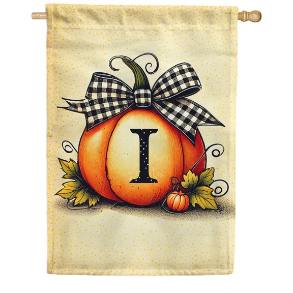 America Forever Fall Pumpkin Monogram Letter I House Flag 28 x 40 Inch Double Sided, Autumn Harvest Buffalo Plaid Bow Initial Personalized Seasonal Outdoor Decor