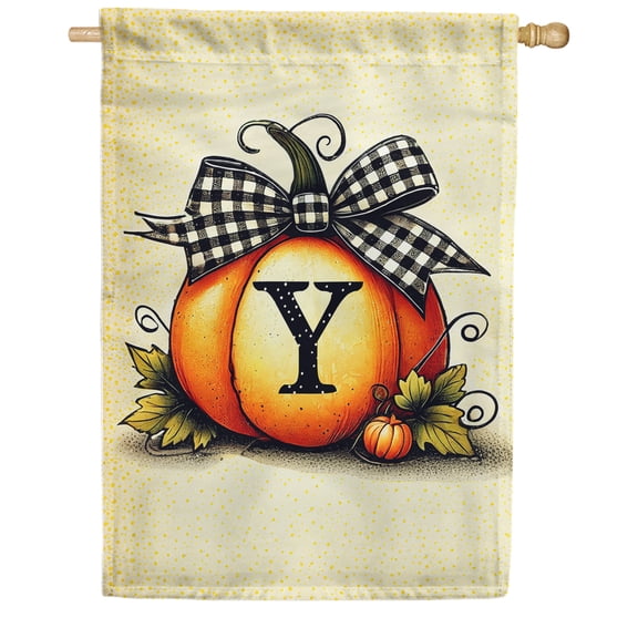America Forever Fall Pumpkin Monogram Y House Flag 28 x 40 Inch Double Sided, Buffalo Plaid Check Bow Autumn Harvest Personalized Initial Letter Outdoor Yard Decor