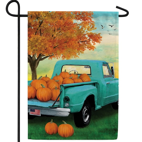 America Forever Fall Pumpkin Teal Truck Garden Flag 12.5 x 18 inch Double Sided Farmhouse Country Autumn Harvest Farm Pickup Truck Thanksgiving Seasonal Yard Patio Lawn Outdoor Decoration