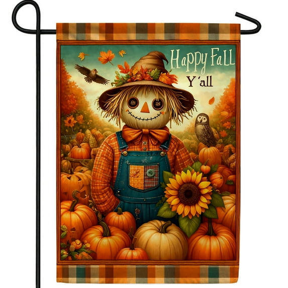 America Forever Fall Scarecrow Garden Flag, 12.5 x 18 inches Double Sided, Happy Fall Y'all Pumpkin and Sunflower, Pumpkins Harvest, Autumn Garden Decor, Fall Outdoor Seasonal Flags for Yard, Lawn