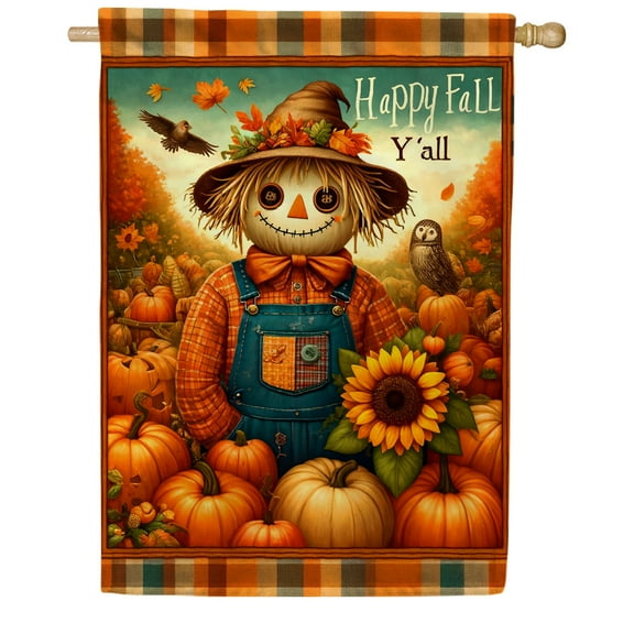 America Forever Fall Scarecrow House Flag, 28 x 40 inches Double Sided, Happy Fall Y'all Pumpkin and Sunflower, Pumpkins Harvest, Autumn Garden Decor, Fall Outdoor Seasonal Flags for Yard, Lawn