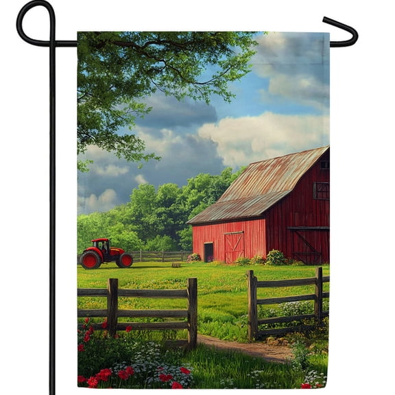 America Forever Farm Country Red Barn Garden Flag, 12.5 x 18 inch Double Sided, Rustic Tractor Countryside Scene, Spring Summer Seasonal Outdoor Decor, Country Living Yard Flag