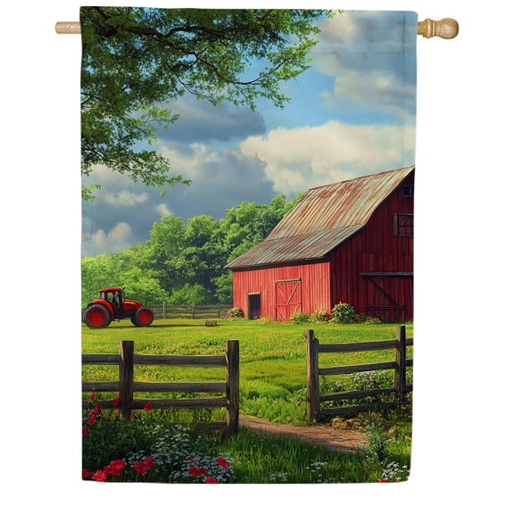 America Forever Farm Country Red Barn House Flag, 28 x 40 inch Double Sided, Rustic Tractor Countryside Scene, Spring Summer Seasonal Outdoor Decor, Country Living Yard Flag