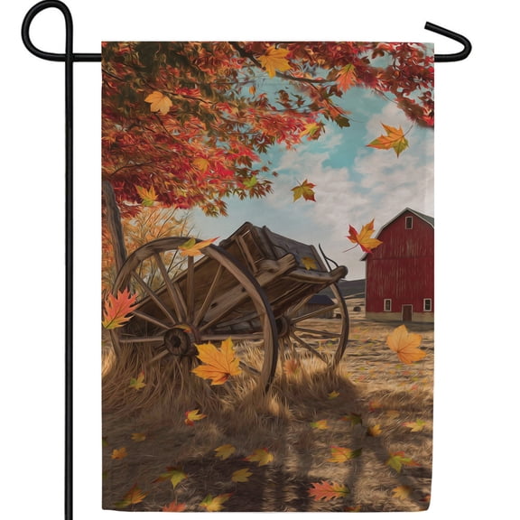 America Forever Farm Wagon Garden Flag, 12.5 x 18 inch Double Sided, Rustic Red Barn, Autumn Farm Scene, Fall Leaves Country Decor, Rural Landscape, Seasonal Yard Decoration