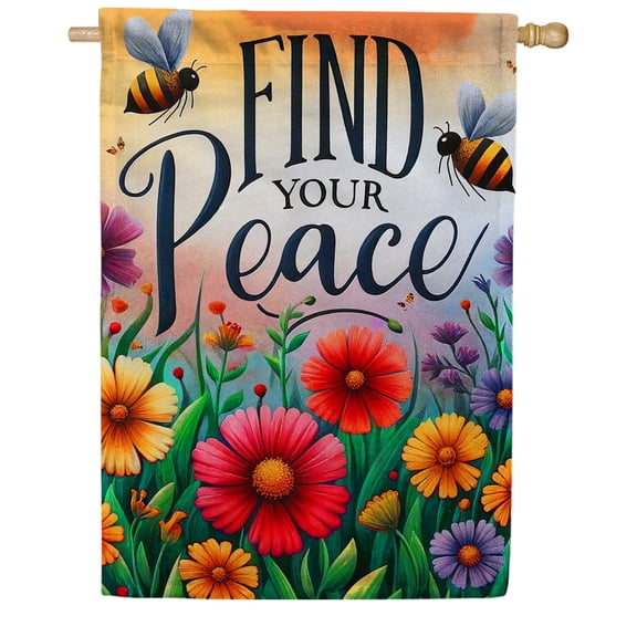 America Forever Find Your Peace House Flag, 28 x 40 inch Double Sided, Inspirational Bee Flower Flag, Peaceful Garden Decor, Spring Summer Motivational Yard Flag