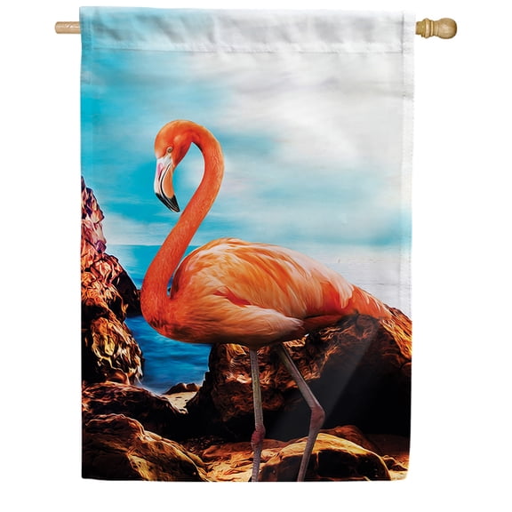 America Forever Flamingo By The Ocean House Flag, 28 x 40 inch Double Sided, Tropical Banner, Beach Rocks Sunshine Coastal Outdoor Decor, Summer Yard Flag