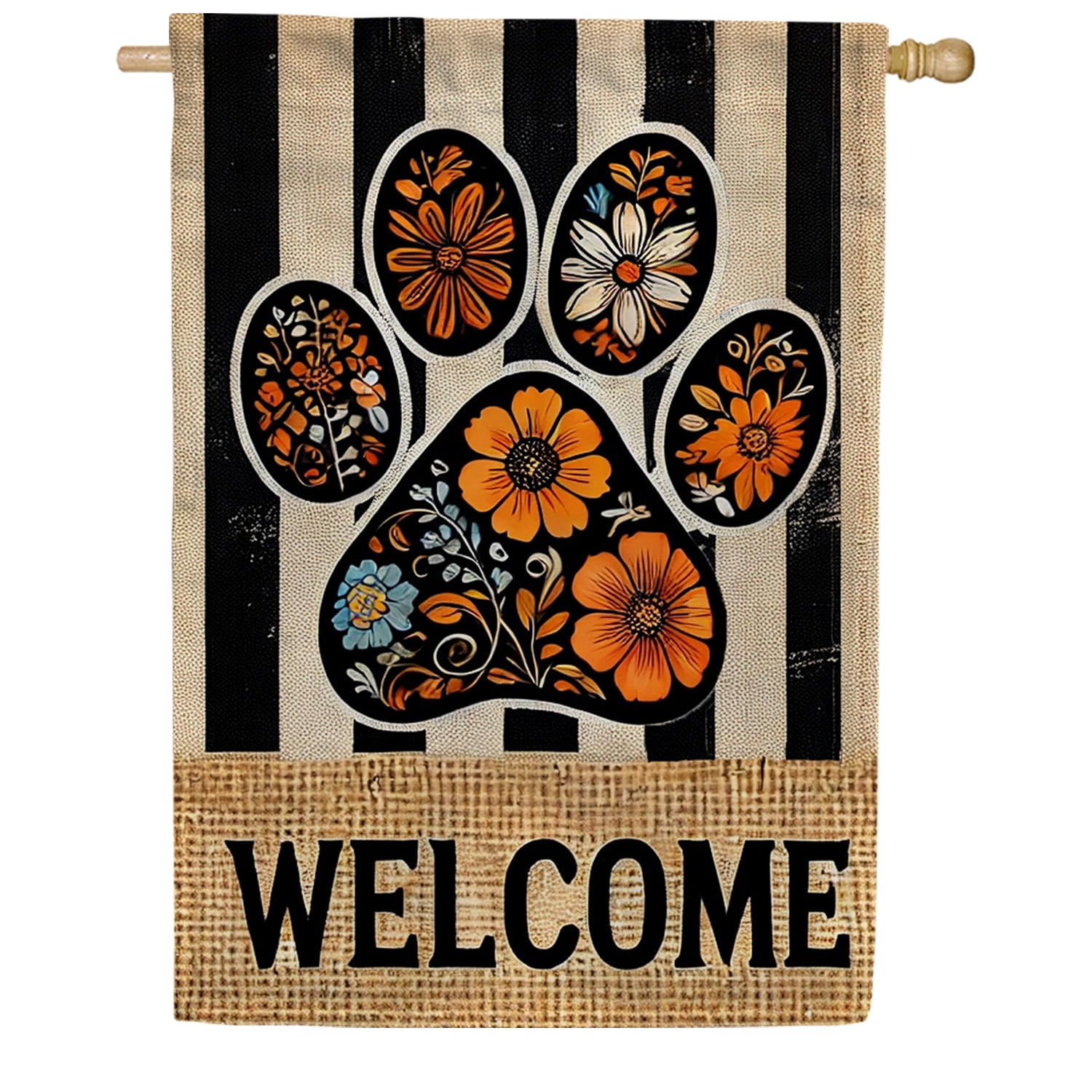 America Forever Floral Paw Print Welcome House Flag, 28 x 40 inch Double Sided, Paws Yard Decor, Animal Lovers Gift Ideas, Purr Pets Outdoor Decorative for Lawn and House DÃ©cor