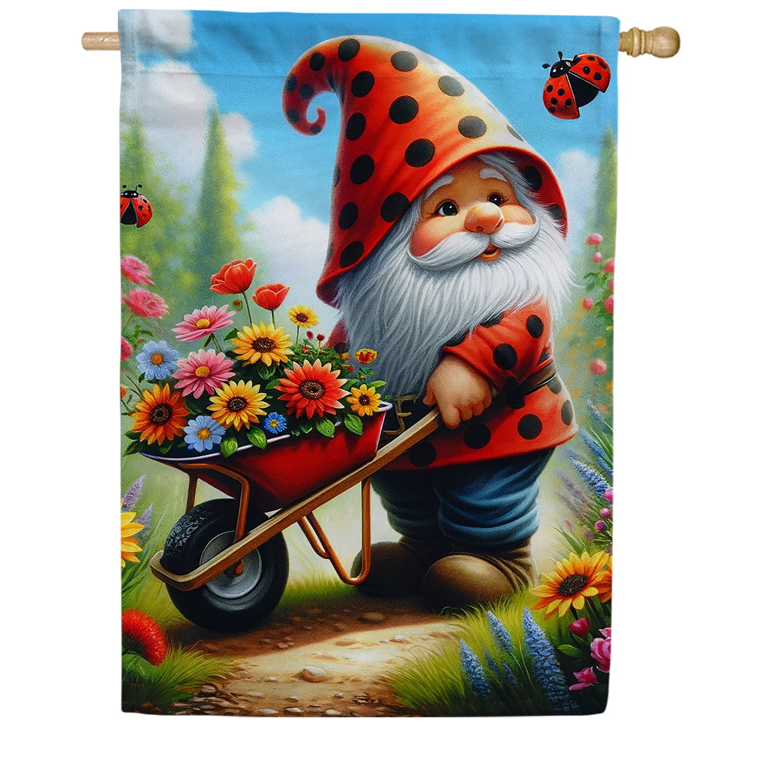 America Forever Garden Gnome House Flag 28 x 40 inch Double Sided Gnome Wheelbarrow Flowers Spring Summer Seasonal Outdoor Yard Decorative Flag